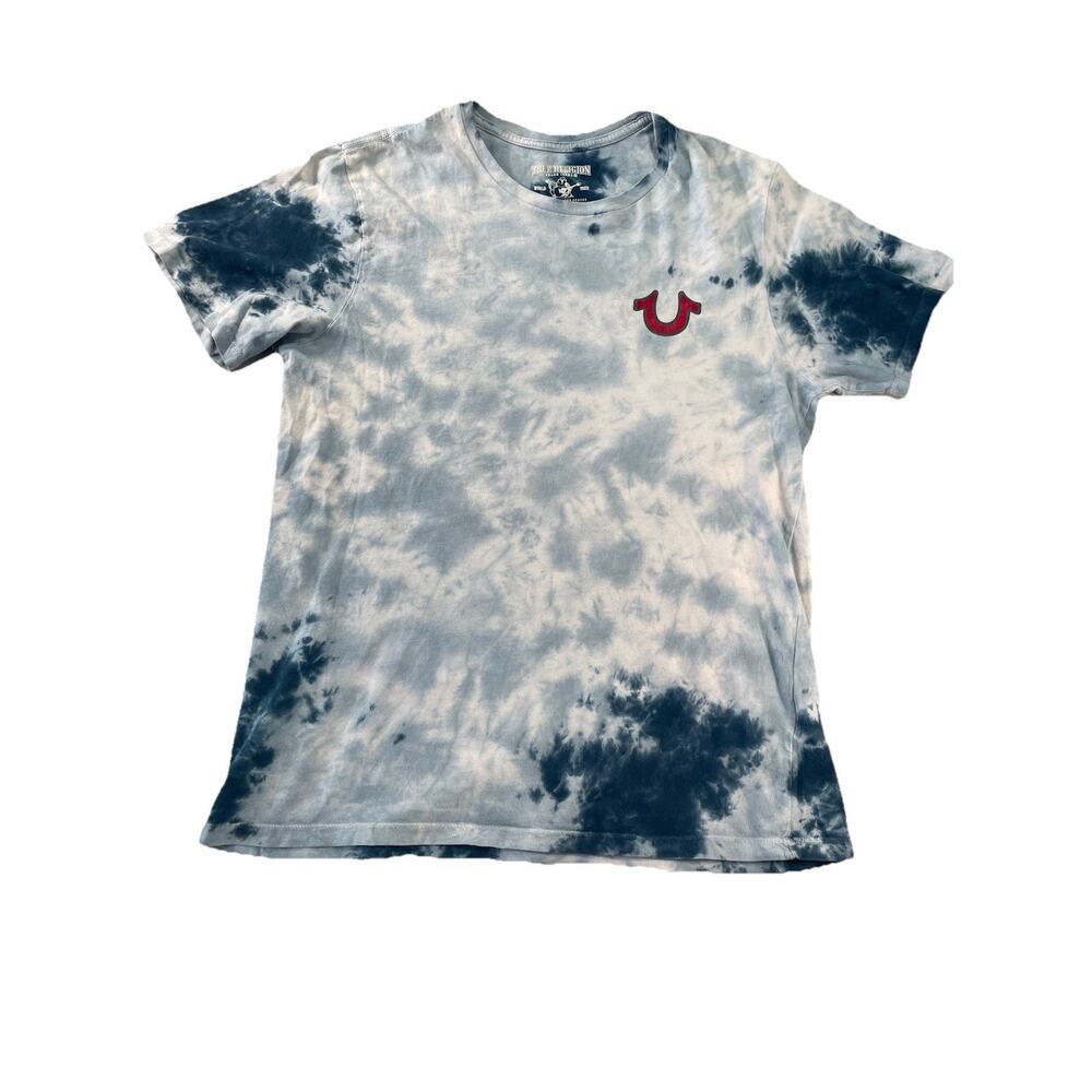 TRUE RELIGION Mens Medium Buddha Graphic Logo Blue Tie-Dye T Shirt 100% Cotton